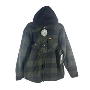 Matix Mens Large Green Black Plaid Polar Fleece Shirt Jacket Hooded Shacket NEW
